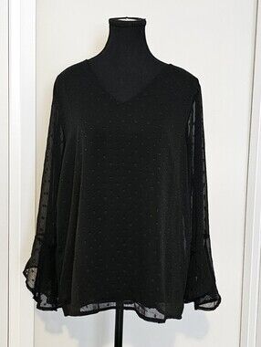 Black V-Neck Swiss Dot Long Sleeve Blouse with Flowing Sleeves